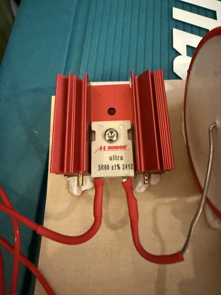 Heatsinked tweeter series resistor on the prototype crossover board