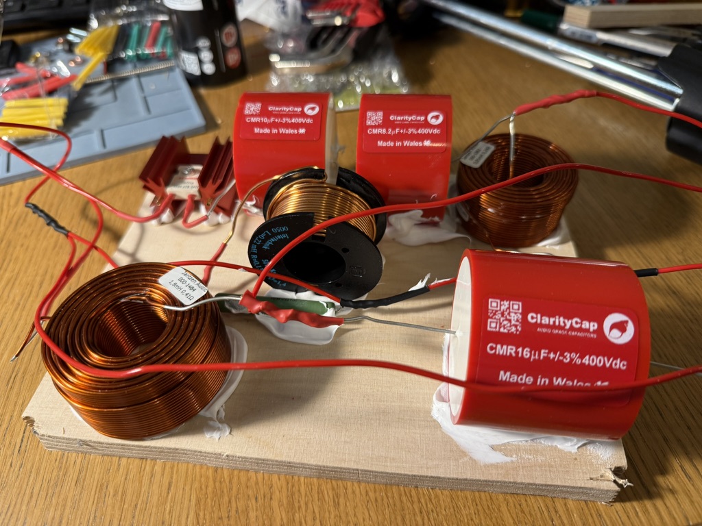 Assembled crossover board — ClarityCap CMR caps, air-core inductors, heatsinked resistors
