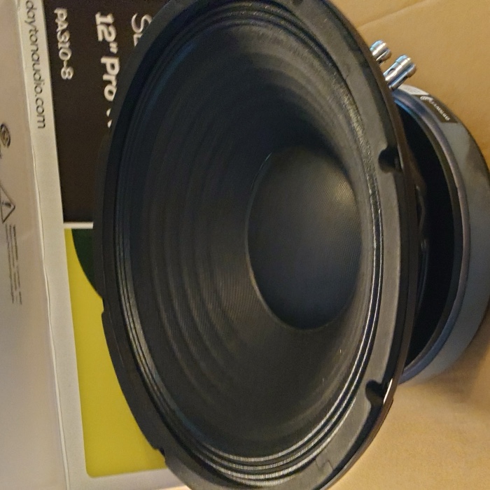 Dayton Audio PA310-8 twelve-inch pro woofer on its box